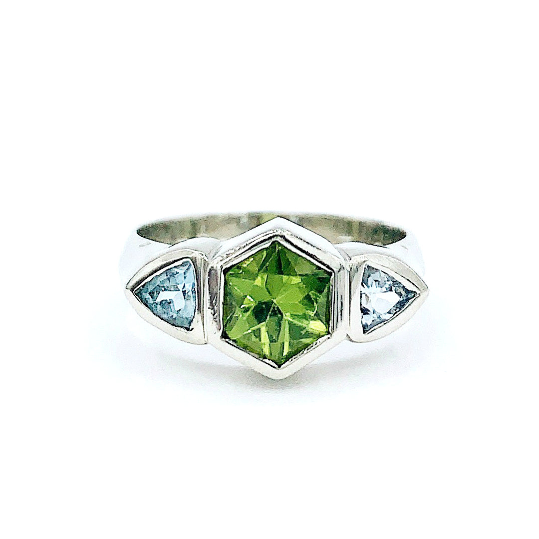 Matching peridot + blue topaz ring and pendant set