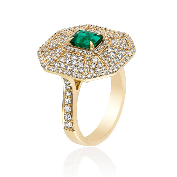 Genuine Emerald and Fancy Diamond Halo Ring (40848)