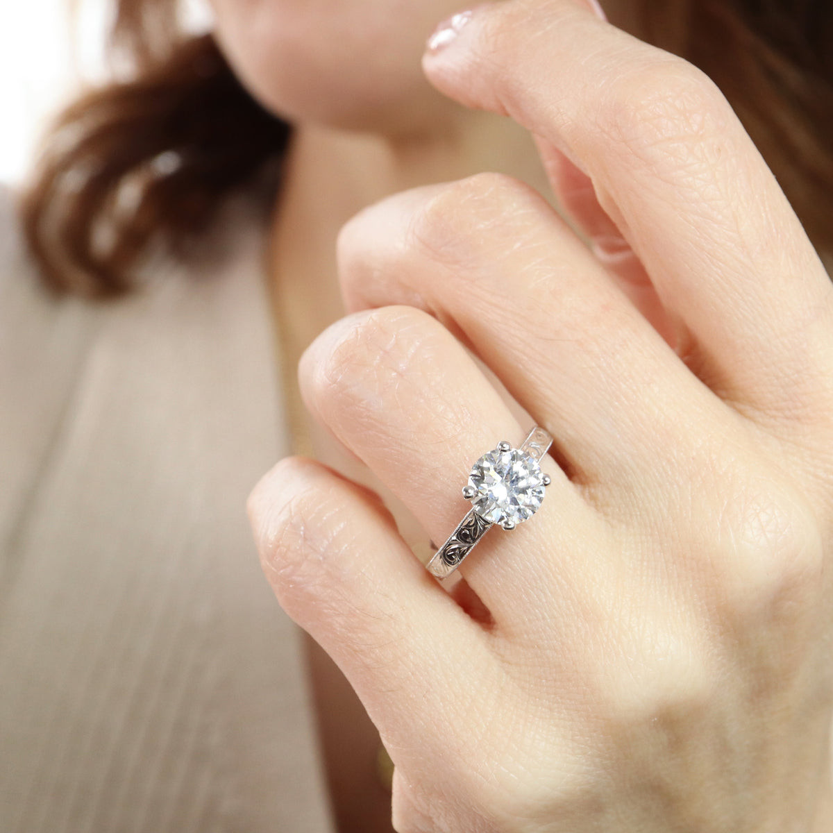 Diamond Solitaire Engagement Ring with Engraved Band - LG 2.00ct (41109)