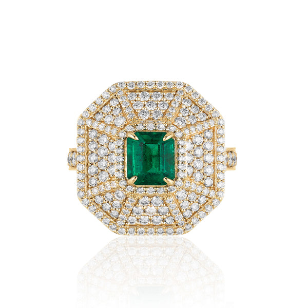 Genuine Emerald and Fancy Diamond Halo Ring (40848)